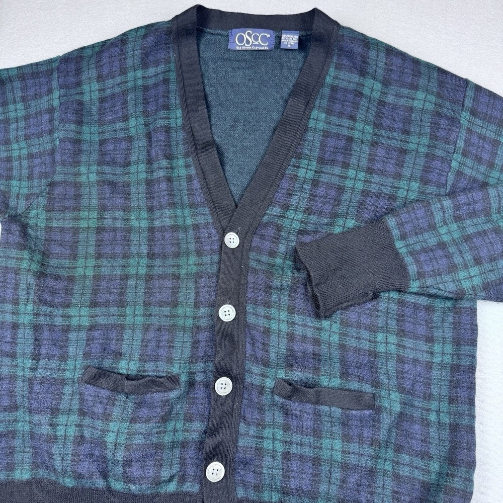VTG Old School Clothing Co Merino Wool Cardigan Men XL OSCC Plaid Pockets